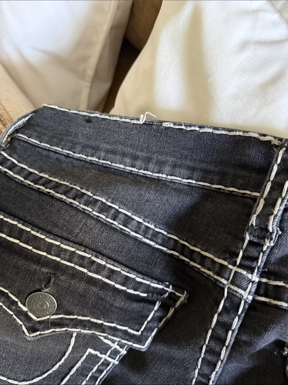 True Religion men’s  Charcoal  Jeans with White Contrast Stitching